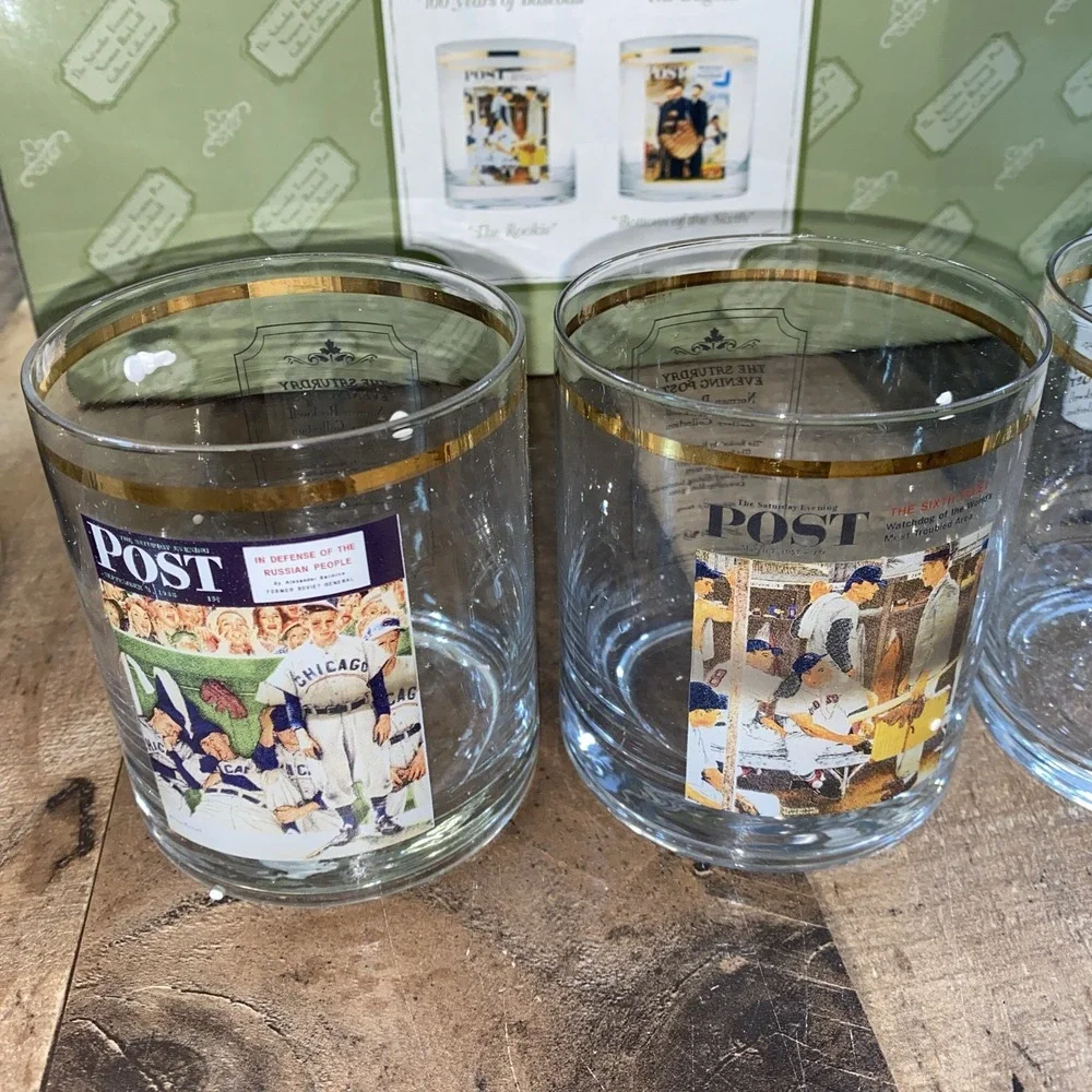 Vintage Ice Bucket Saturday evening post collectible 4 Whiskey glasses Baseball